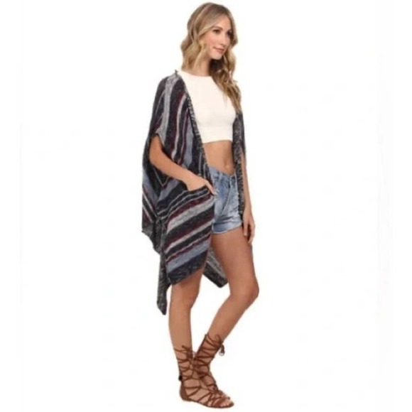 Free People Size Small Oversized Striped Linen Blend Poncho Sweater Cardigan - Picture 2 of 10
